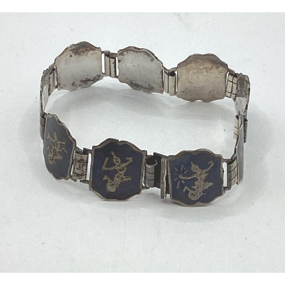 Siam Sterling Silver Panel Bracelet Asian Thailand Dancers-Mid Century